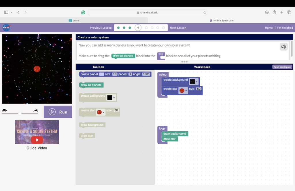 Screenshot from hour of code coding activity called NASA's Space Jam